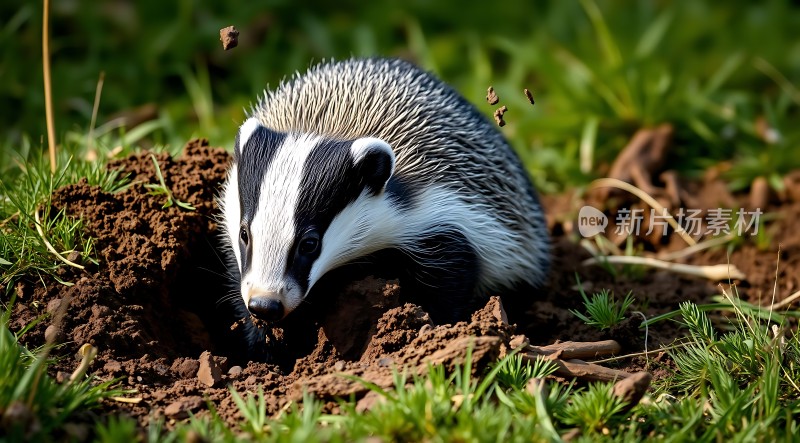 黑白相间的小动物在草地上挖洞