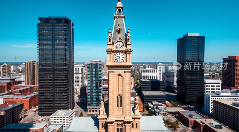 蓝天下的城市地标建筑群钟楼高耸入云现代与古典交融的城市景观