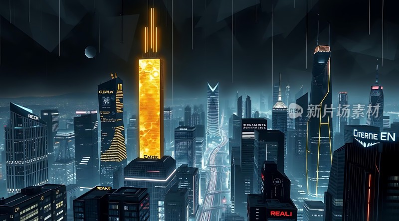 未来都市夜景高楼林立霓虹闪烁