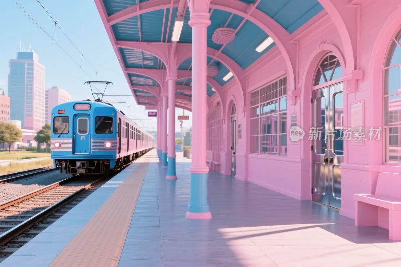 粉色站台与蓝色列车