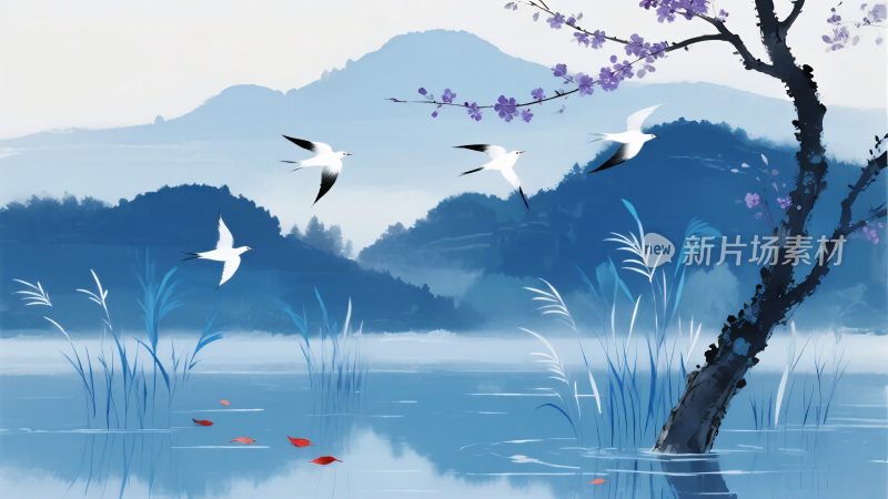 水墨山水飞鸟图