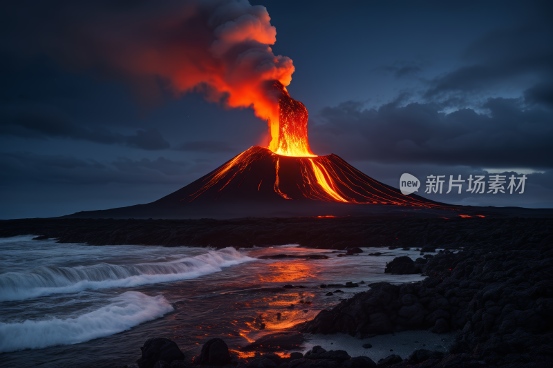 火山熔岩和熔岩涌入海洋风光风景图片