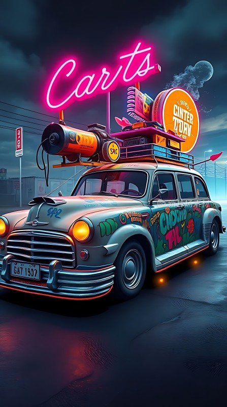 霓虹灯下的复古小车