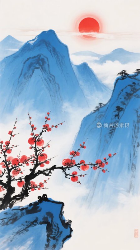 红梅映日山水图