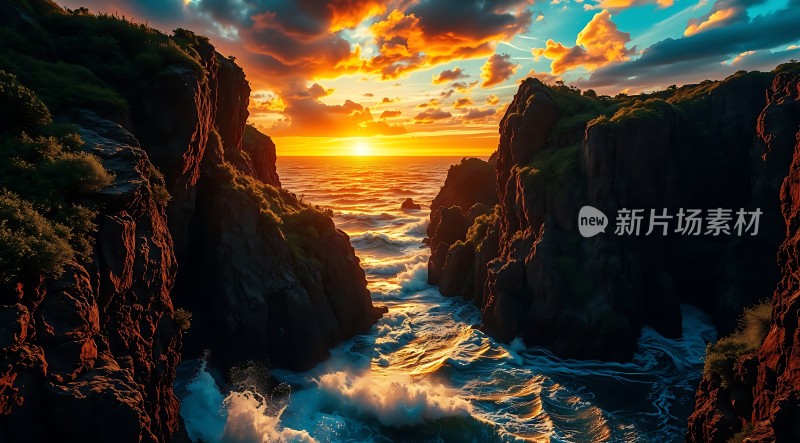 日落时分的海浪与峭壁