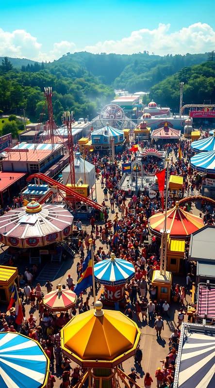 游乐场狂欢盛宴色彩缤纷的旋转木马和摩天轮人潮涌动欢乐无限