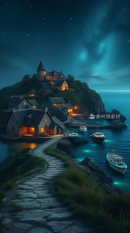 夜幕下的海港小镇