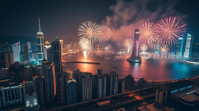 烟花璀璨夜空下高楼林立映水光