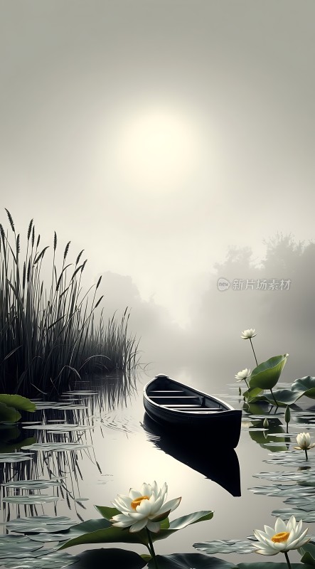 湖畔轻舟映白莲