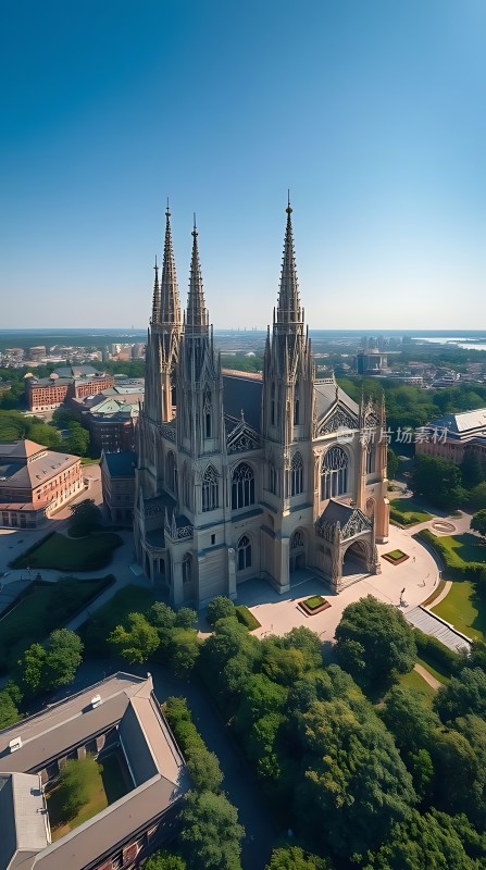 蓝天下的宏伟教堂绿树环绕的建筑群