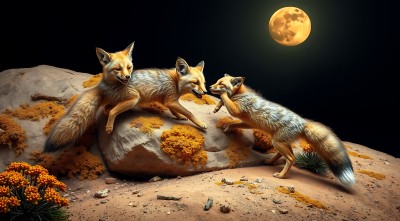 三只狐狸在月光下嬉戏 三只狐狸在月光下嬉戏