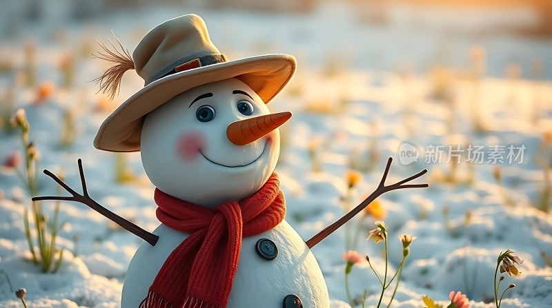 雪人戴帽围巾微笑着站在雪地里