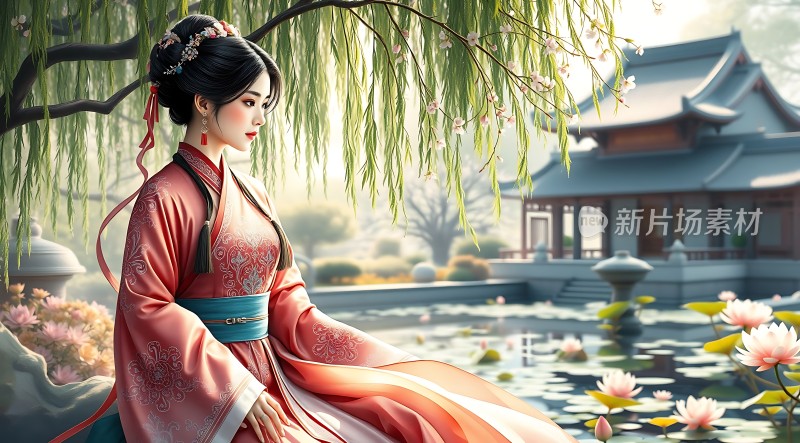 汉服佳人柳下赏荷图