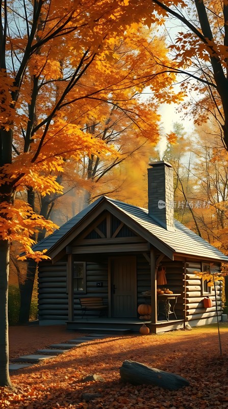 秋日小木屋温馨宁静的森林之家