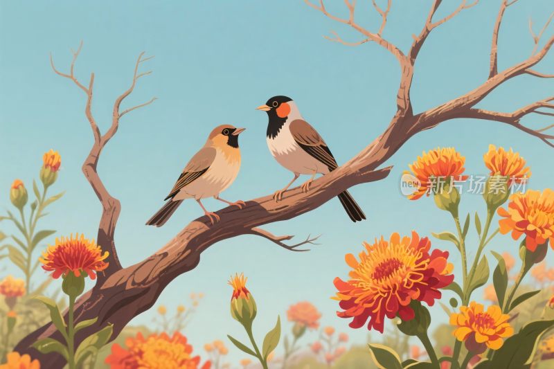 树枝上的两只小鸟插画