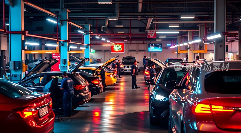 汽车维修车间夜晚工作场景灯光下的车辆和工人