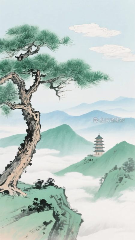 古松山水国画插画