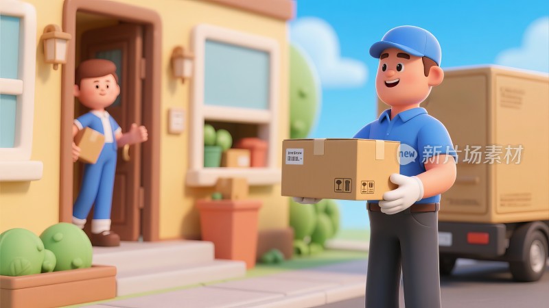 卡通快递员摩托车火车包裹物流配送上门