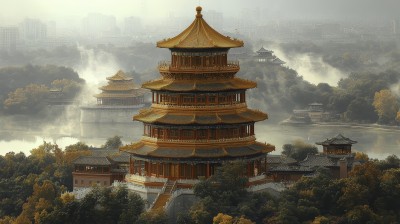 传统中式建筑的晨雾山景