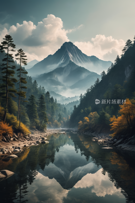 山和树倒映一条静止的河流中高清风景插图片