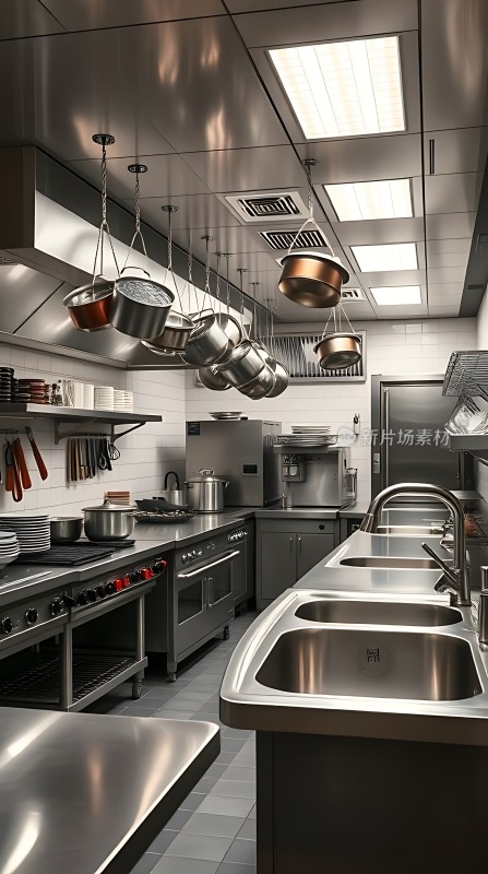 现代厨房设计不锈钢设备与悬挂锅具