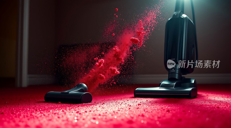 红色地毯上的吸尘器灰尘四散飞舞