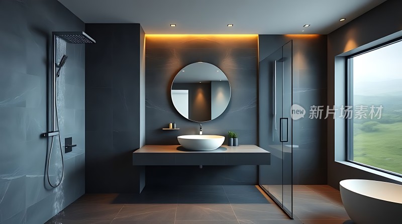 现代浴室设计圆形镜面与洗手台