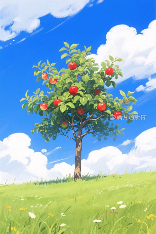 蓝天苹果树插画