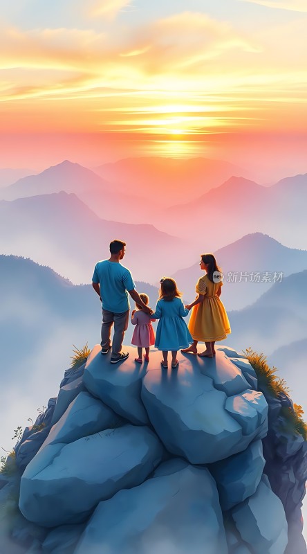 家庭共赏日落美景