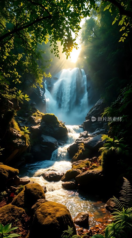 阳光下的瀑布与溪流