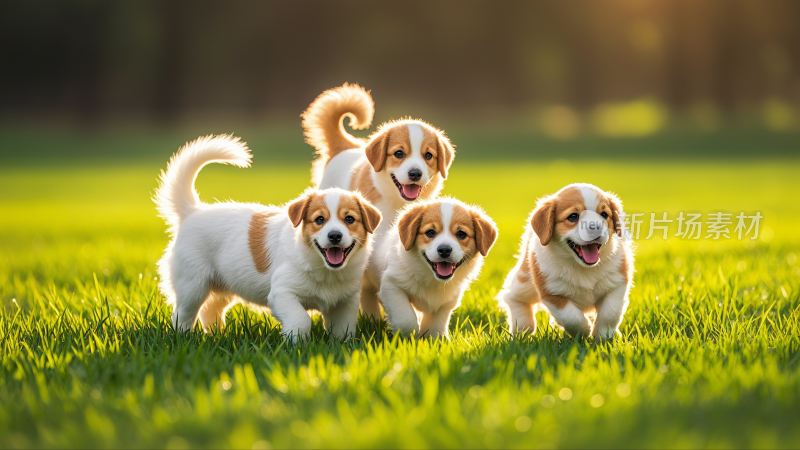 一群小狗在草坪上嘻嘻