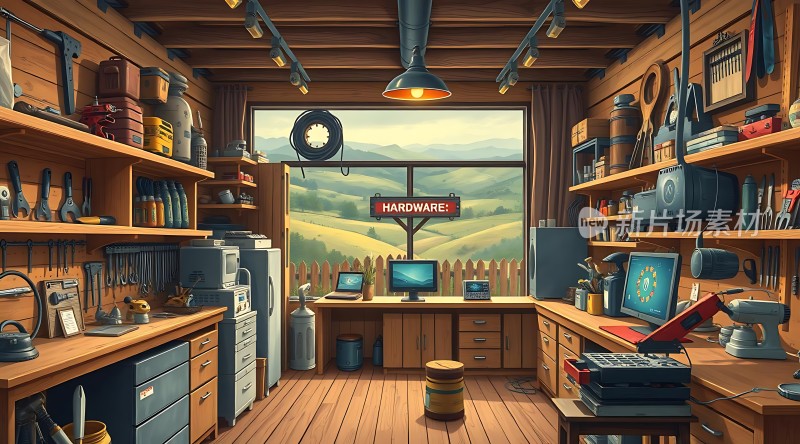 工具齐全的工作室窗外风景如画