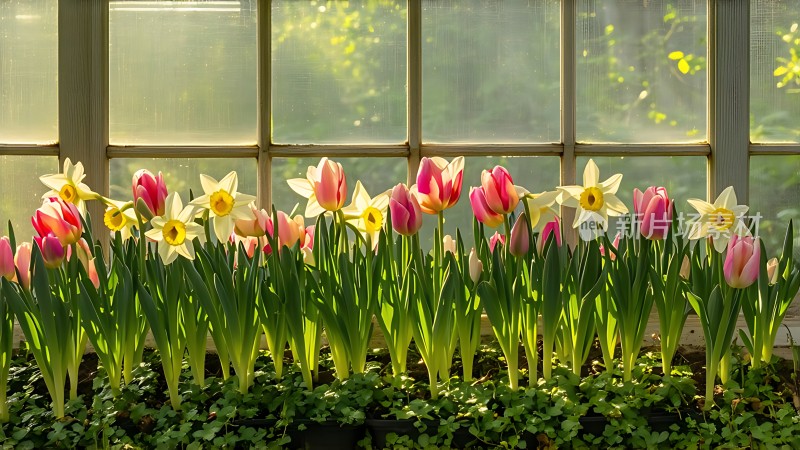 阳光下的郁金香与水仙花