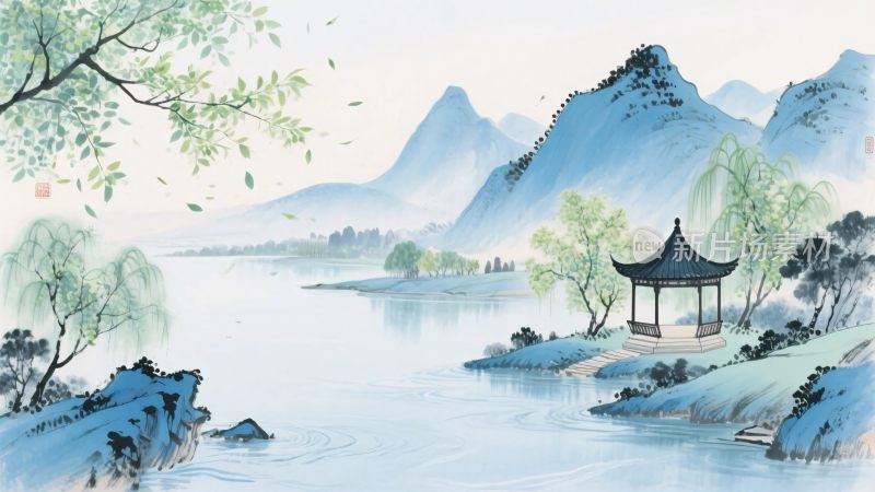 山水水墨风景插画
