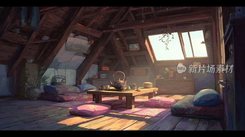 温馨阁楼室内场景插画