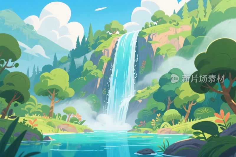 森林瀑布风景插画