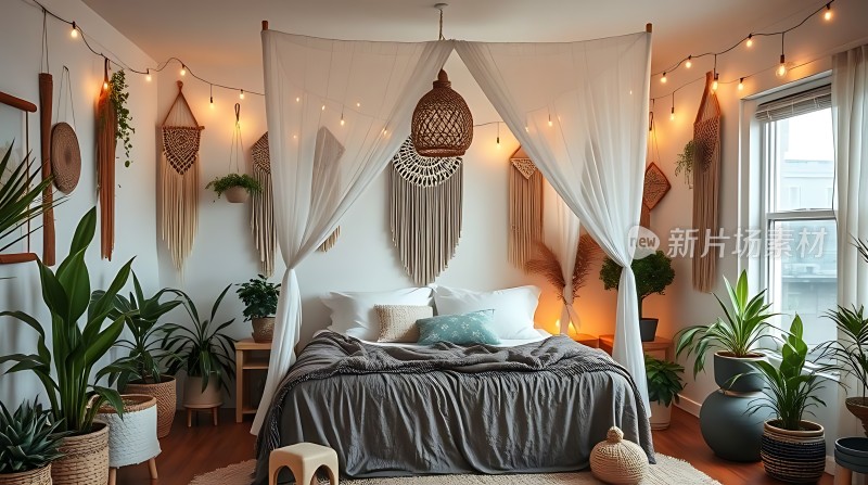 温馨卧室绿植环绕梦幻吊灯舒适床铺