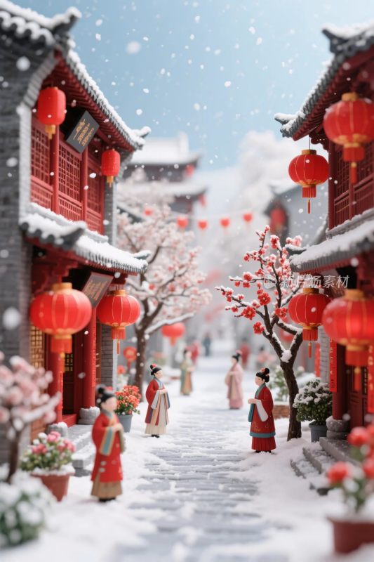 冬季古街雪景插画