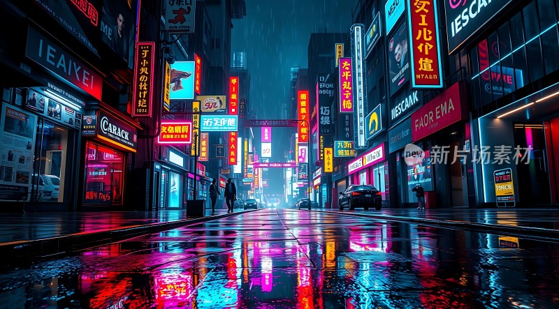 霓虹灯下的雨夜街头