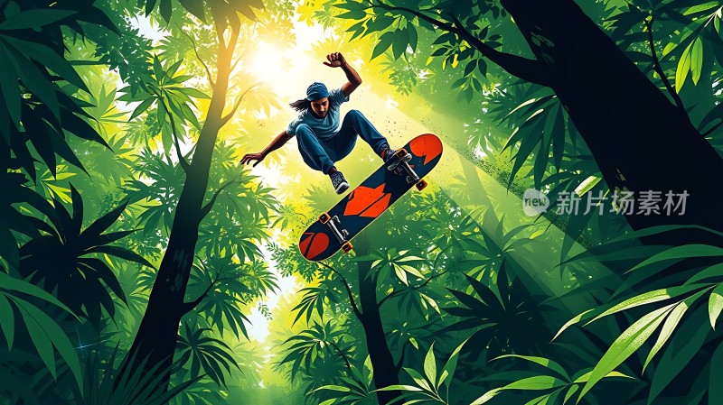 滑板少年飞跃森林