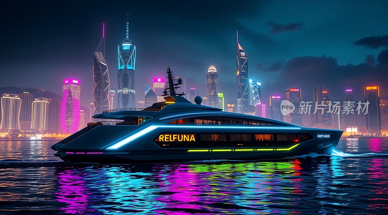 夜幕下的繁华都市一艘豪华游艇在霓虹灯光下航行