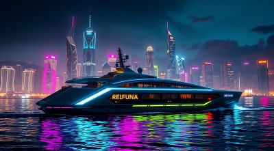 夜幕下的繁华都市一艘豪华游艇在霓虹灯光下航行 夜幕下的繁华都市一艘豪华游艇在霓虹灯光下航行