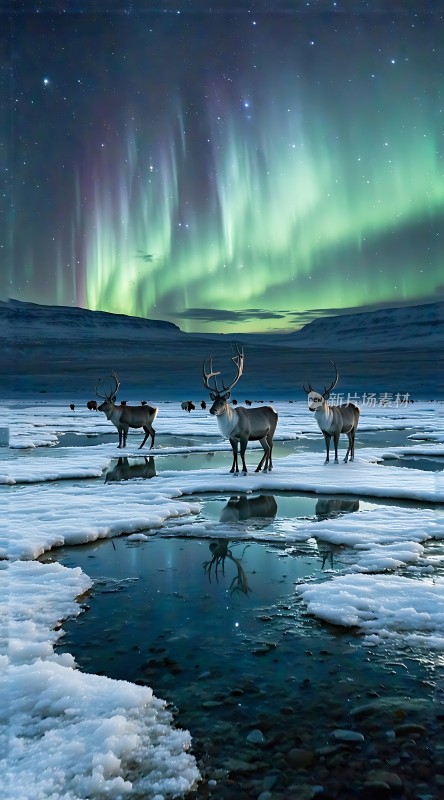 极光下的麋鹿群