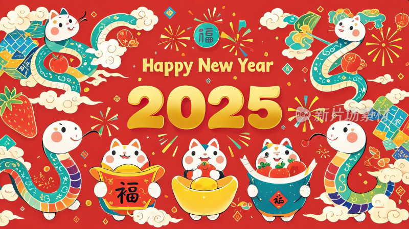 喜迎2025年新年快乐红色喜庆立体字节日素材