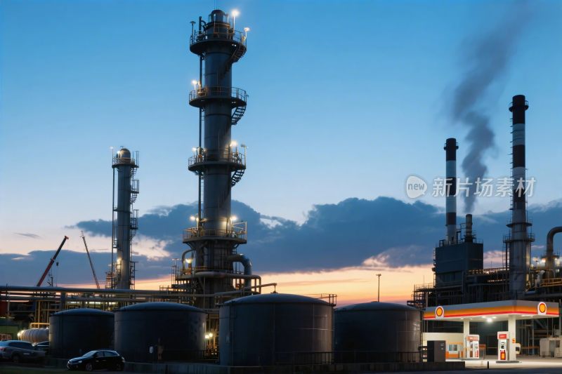 黄昏下的工业炼油厂景象