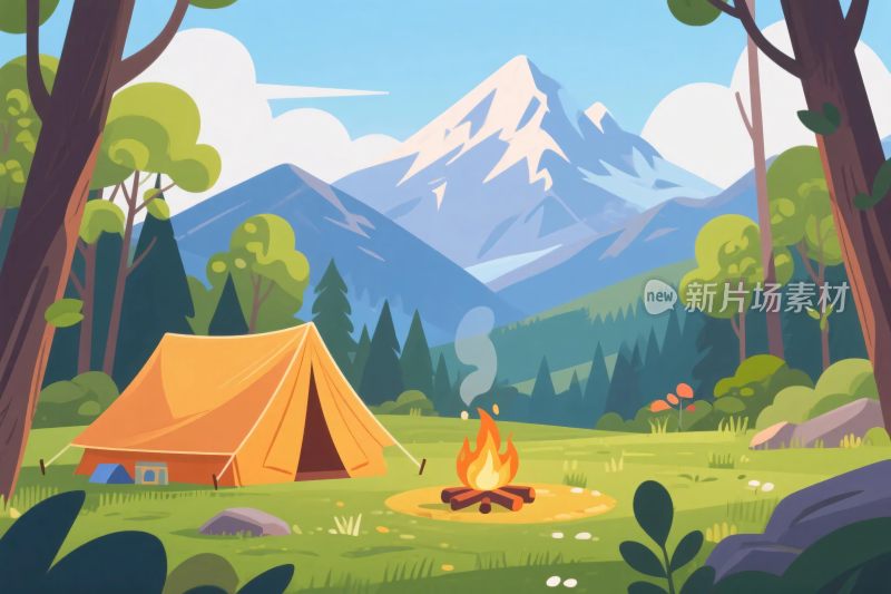 森林中露营的场景插画