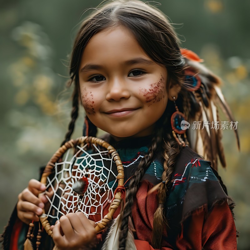 小女孩手持捕梦网身着民族服饰背景自然风光