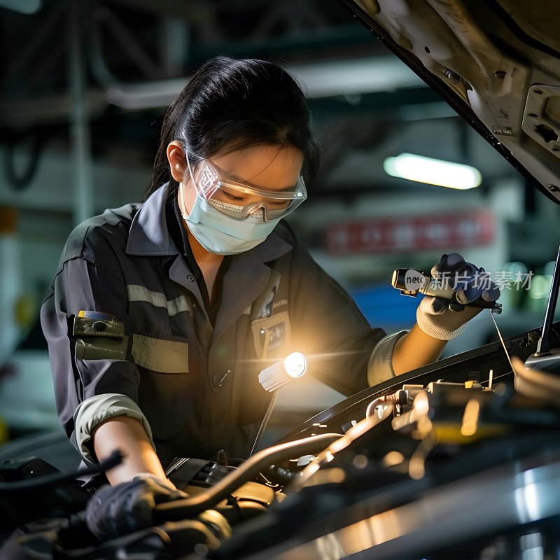 女机械师专注检修汽车引擎