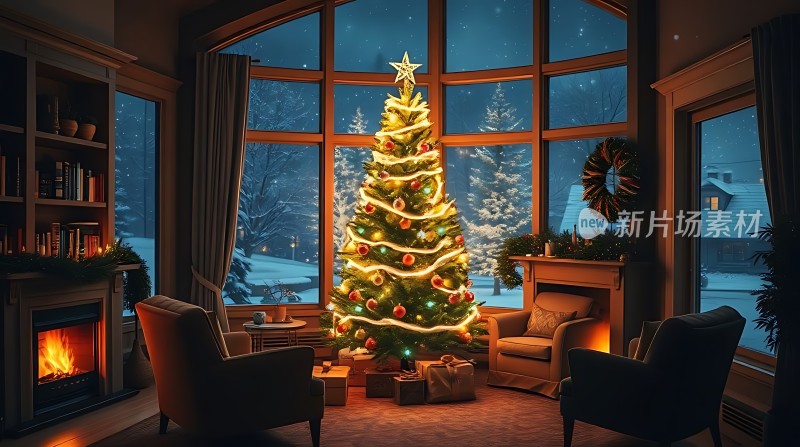 温馨圣诞夜暖炉旁的节日盛宴