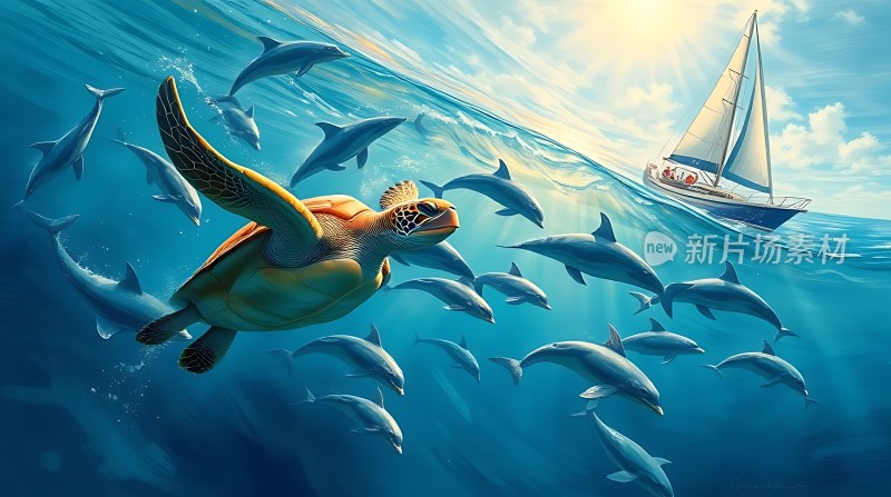 海中奇遇海龟与海豚共舞